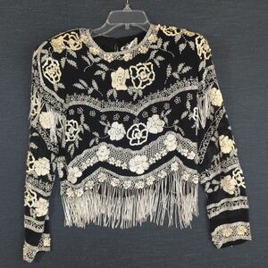 Vintage Black Tie Crop Top Beaded Sequin Floral Western Rodeo 80s Glam Dance S